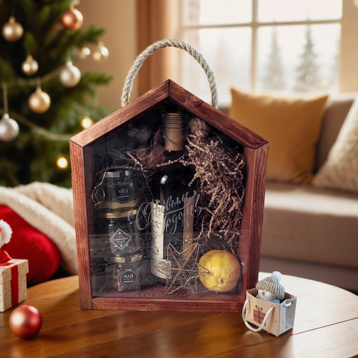 Коробка домик с прозрачной крышкой Новогодний