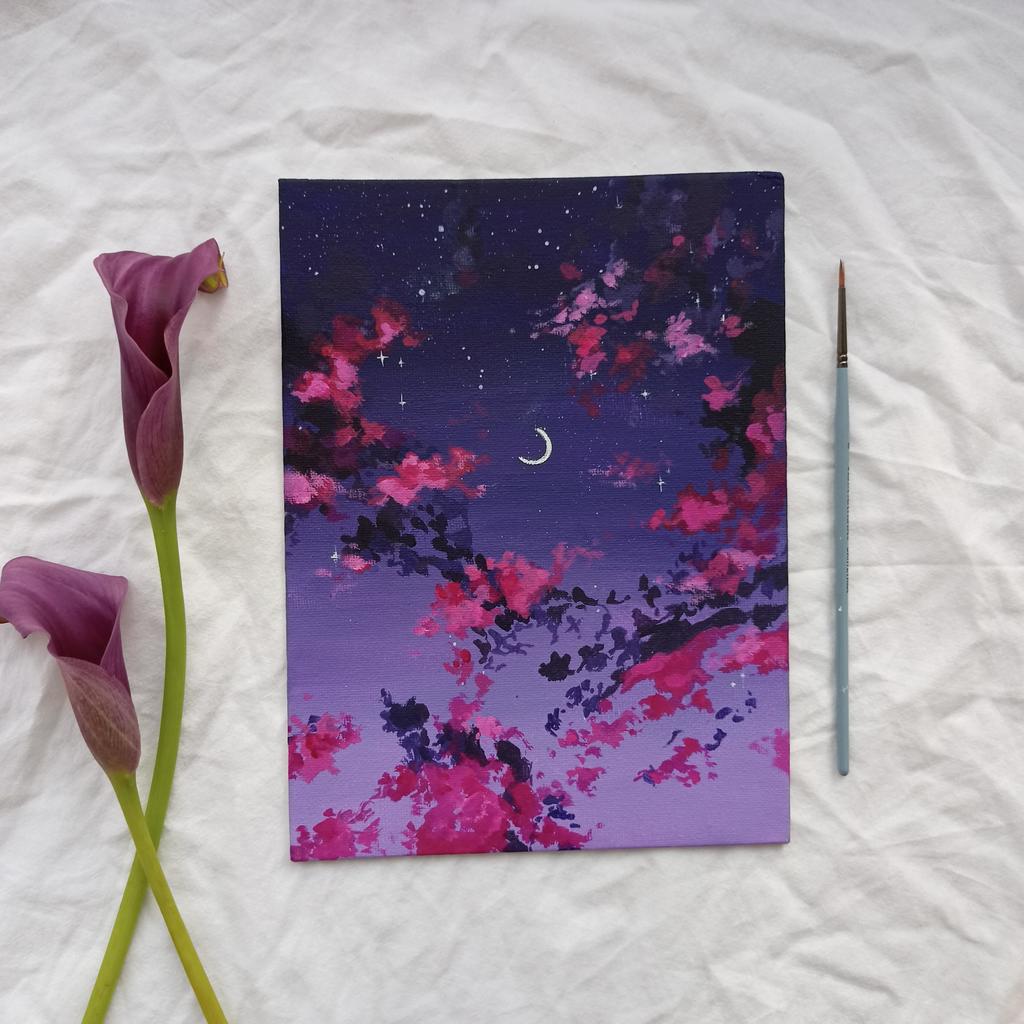 Картина на холсте акрилом пейзаж фиолетовое небо