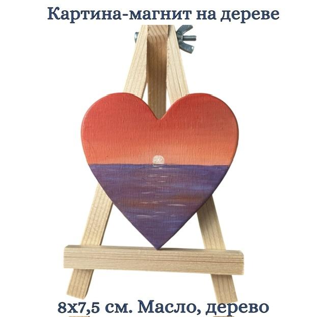 Мини-картина маслом на дереве на магните "Море на закате". Масло, ручная работа. 8х7.5 см