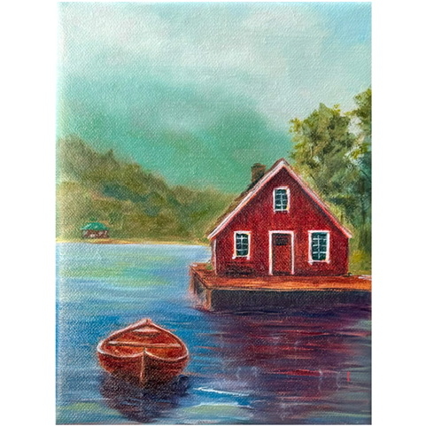 Картина "Домик на озере". Авторская картина на холсте (лен, масло), 20х15 см