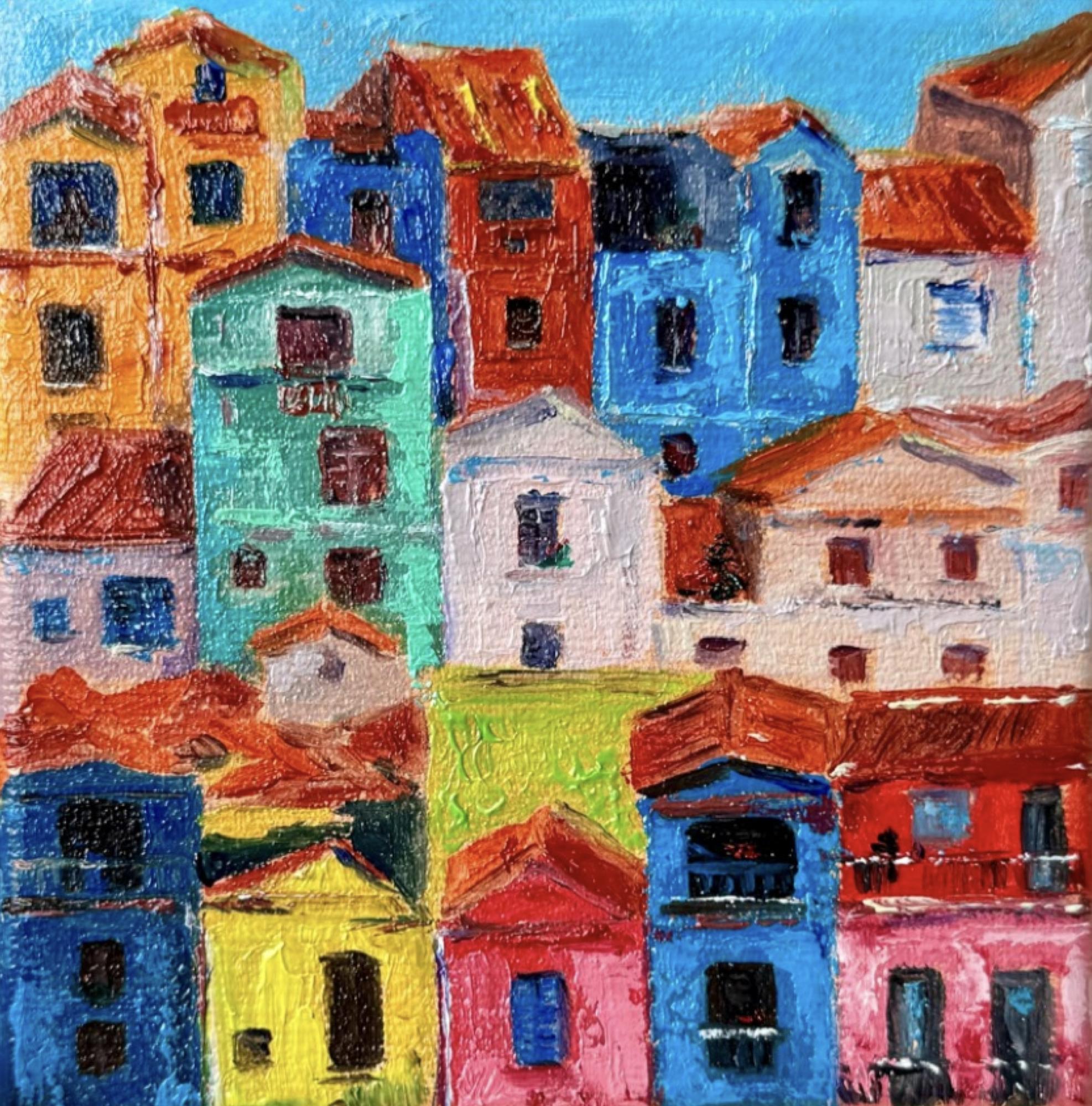 Картина на 3D холсте "Домики". Масло. 10х10х3,7 см