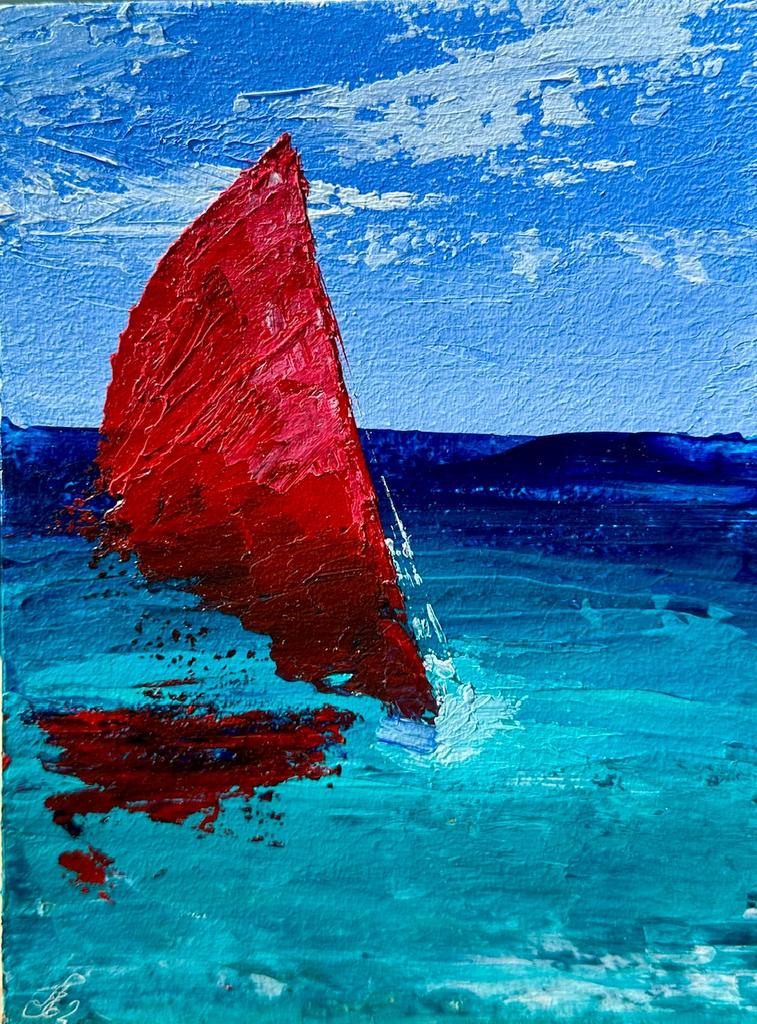 Картина на картоне "Красный парус". Акрил. 20х15 см