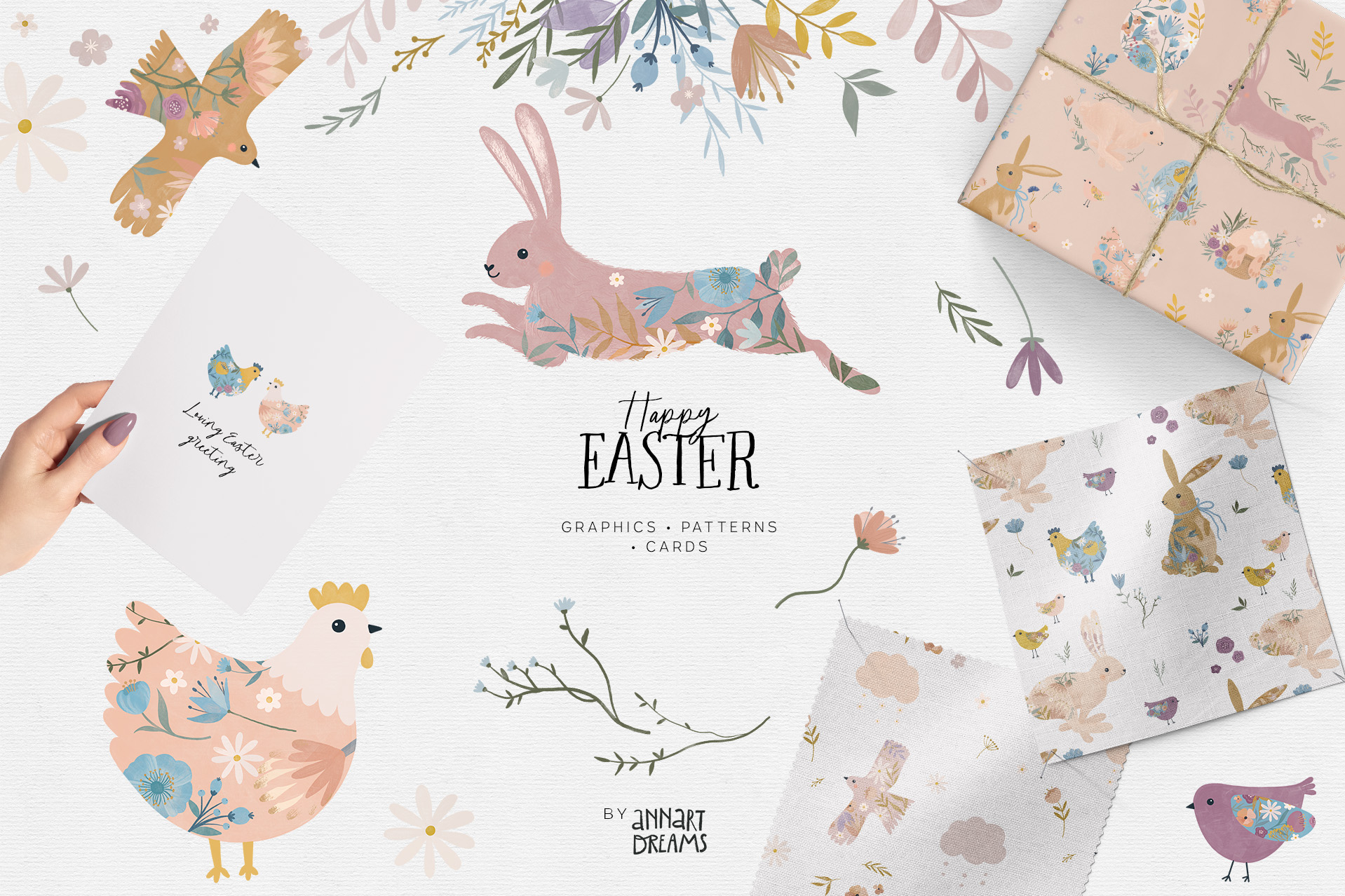 happy easter, spring, rabbit, Easter egg, greeting card, kids illustration