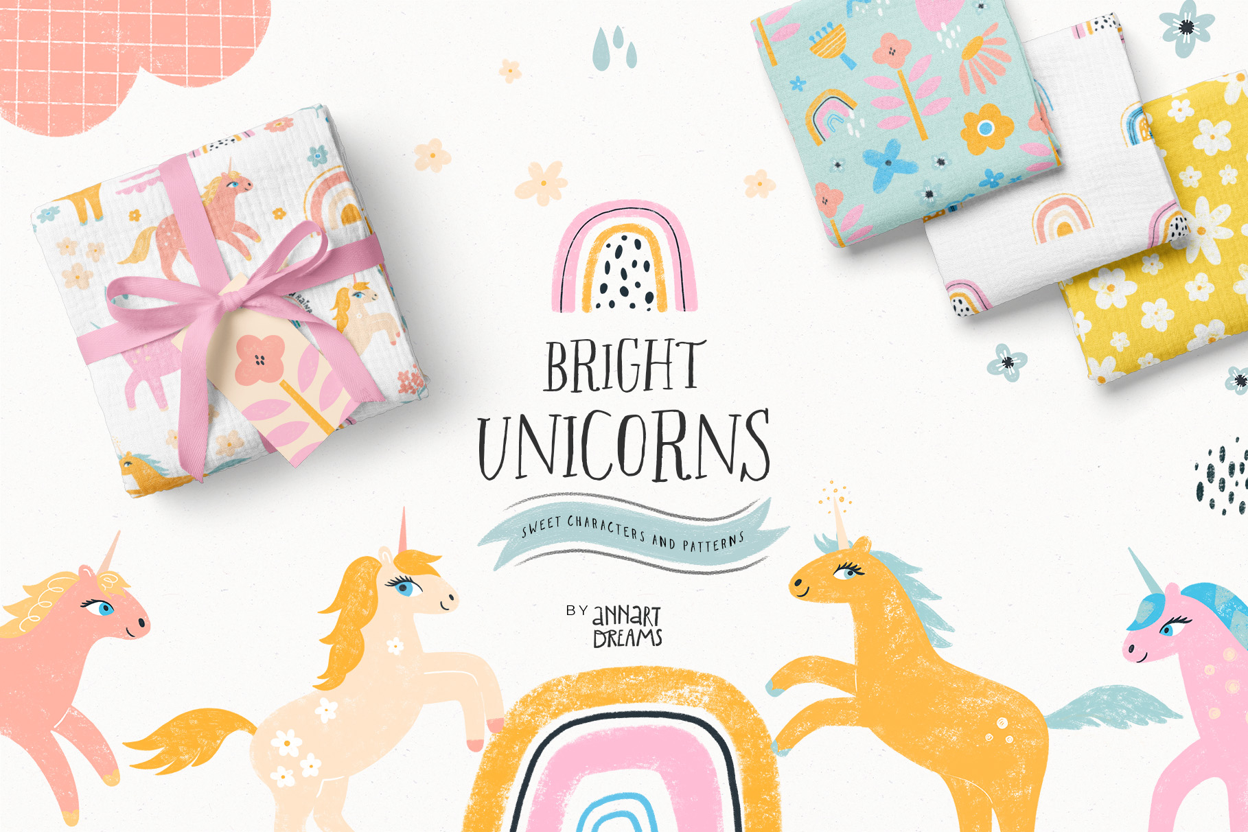 baby design, kids, unicorn, abstract, flowers, rainbow, illustration, pattern, clipart, rainbow pattern
