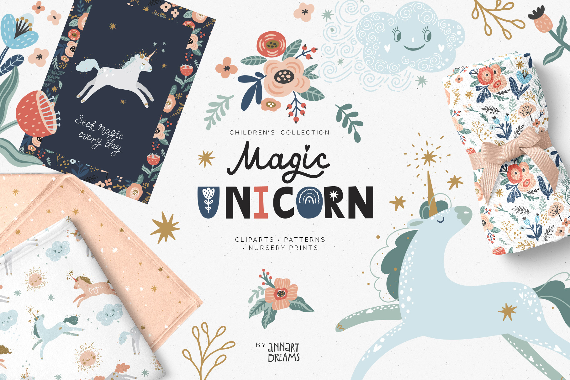 kids illustration, unicorn, flowers, nursery print, baby shower, clipart, pattern, vector, children's design
