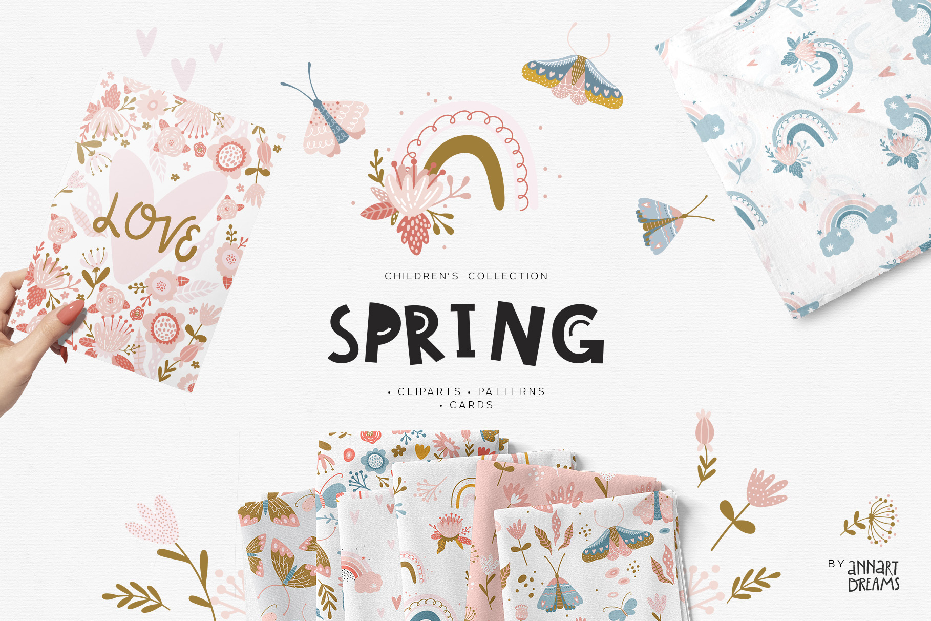 kids design, vector illustration, rainbow, flower, Scandinavian, kids Illustration, moth, butterfly, pattern, pink color