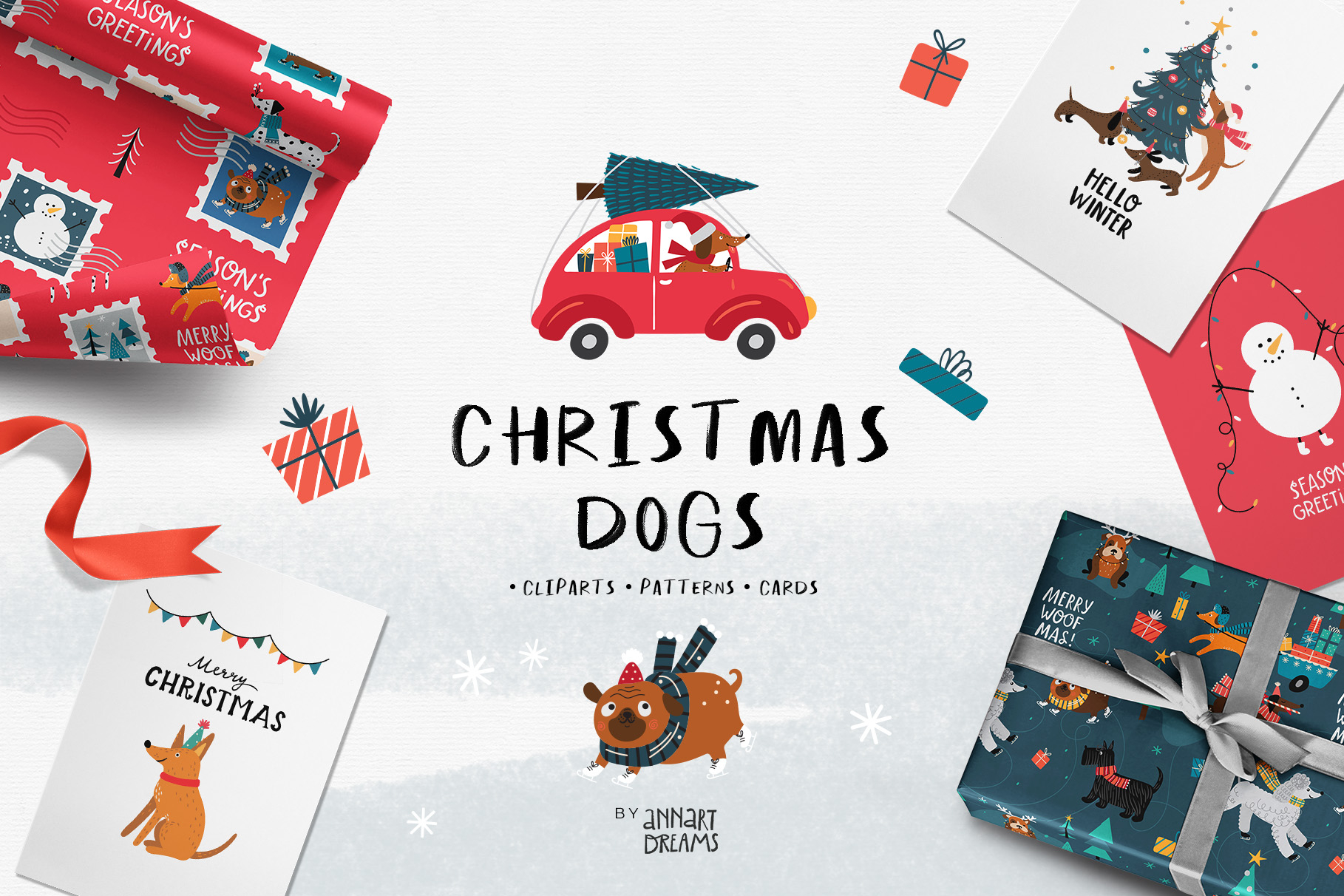 dogs, illustration, dog puppy, paw, dog pattern, Scandinavian design, Christmas, pets, dog breeds, Christmas tree