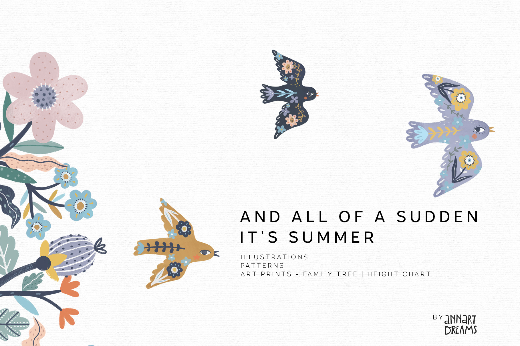 illustration, family tree, folk art, floral design, pattern, wallpaper, nursery art, bird, kids design