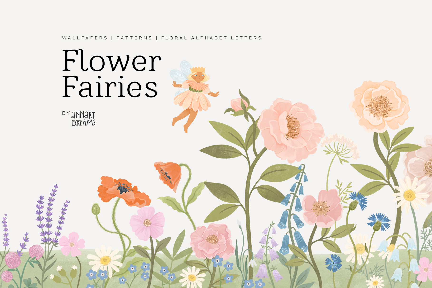 Fairy, Wallpaper mural, Illustration, Seamless Pattern, Floral Alphabet letters, Cyrillic, Latin, Spring pattern, Floral Clipart, Peony, Poppy, Hand painted illustration, Wall decals