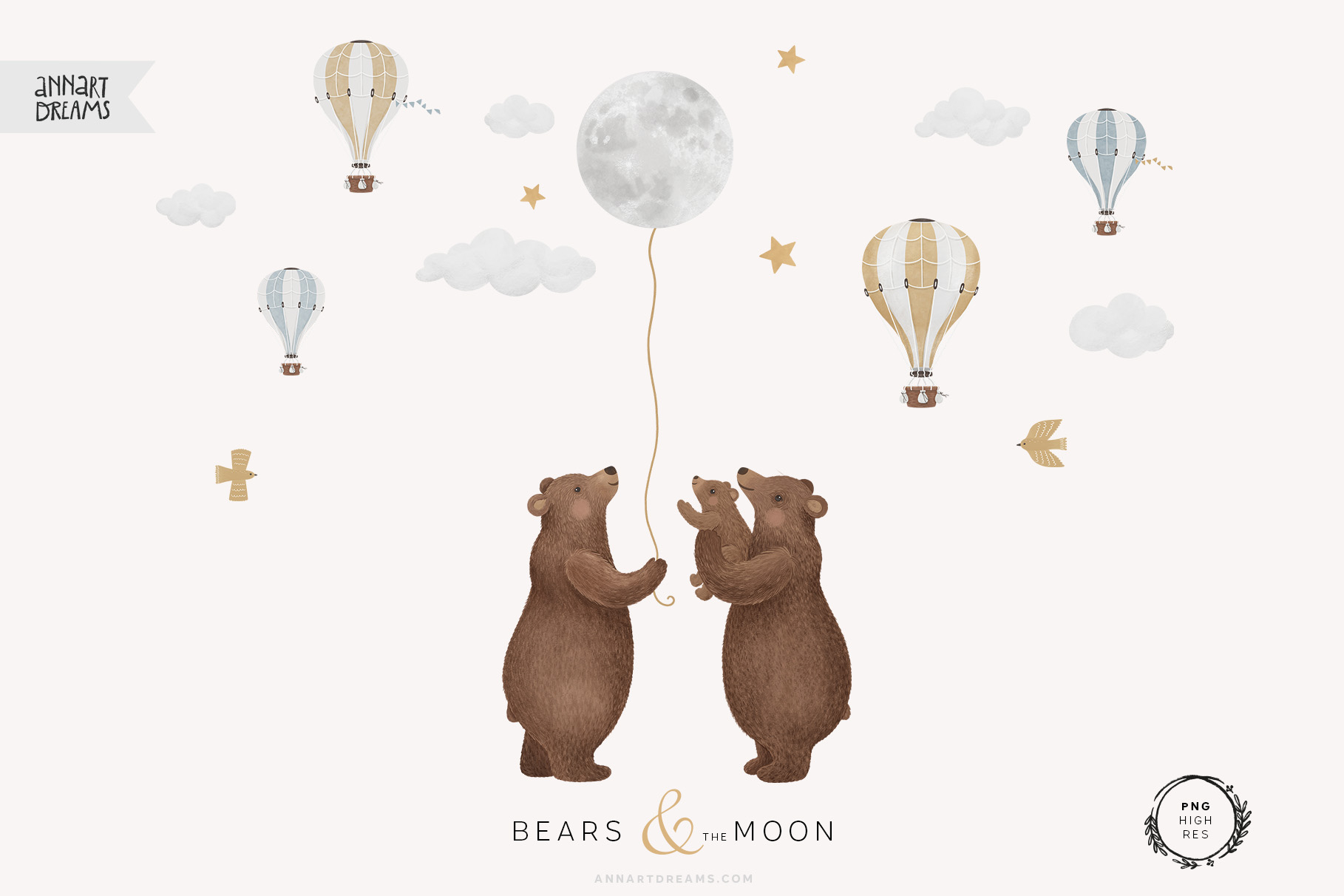 kids illustration, bear, bear cub, hot air balloon, cloud, birds illustration, star, wall art, wall decor, wall decals, kids clipart, hand painted illustration