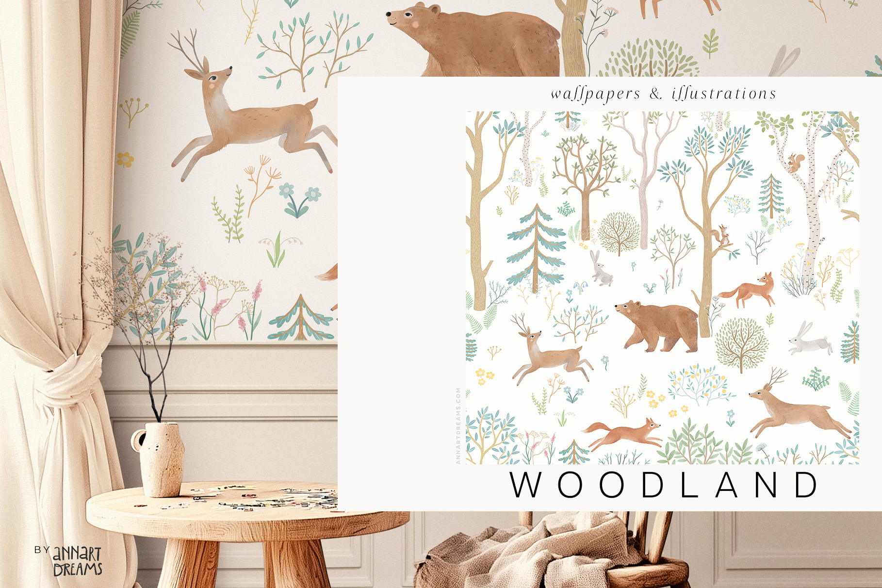 Wall mural, Woodland wallpaper, Forest illustration, Kids design, Kids illustration, Bear, Deer, Fox, Hare, Squirrel