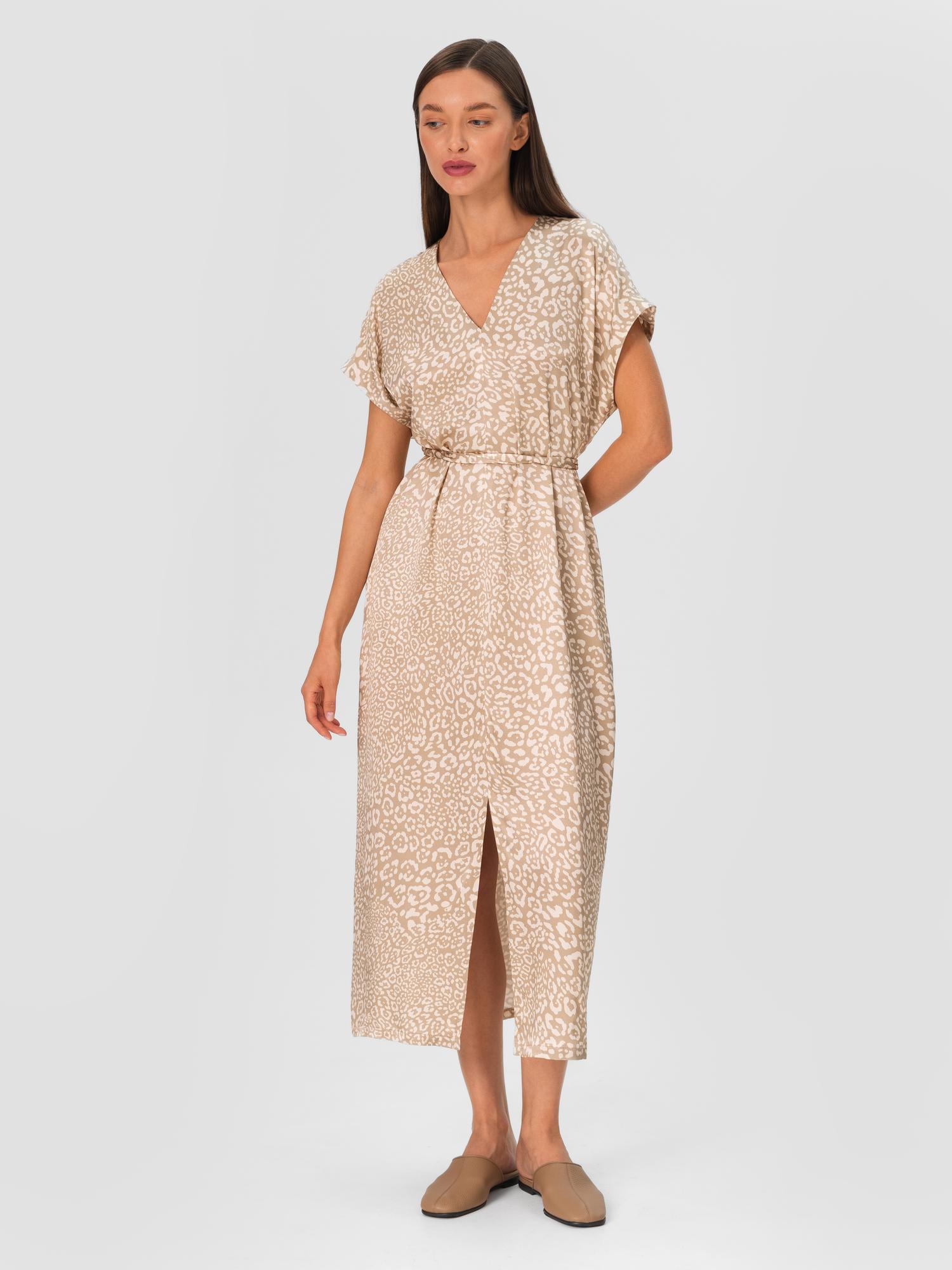 Платье миди с вырезом из 100% вискозы бежевое