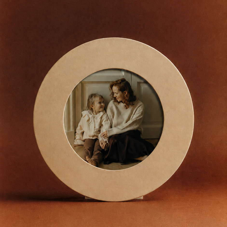 Фоторамка круглая 15х15, с круглым окошком, велюр, ivory