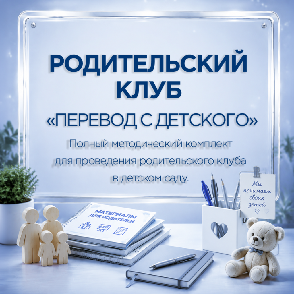 Комплект «Перевод с детского»: программа родительского клуба в детском саду, конспекты встреч, карты ведущего, рабочие листы и памятки