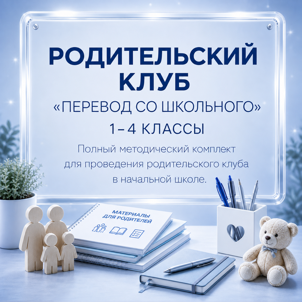 Комплект «Перевод со школьного»: два цикла родительского клуба для 1–2 и 3–4 классов с конспектами, картами ведущего и рабочими листами