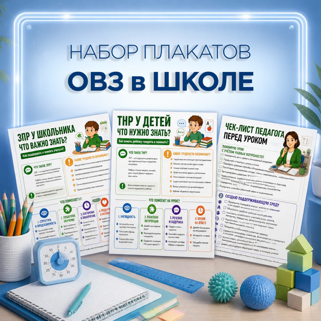 Обложка комплекта плакатов «ОВЗ Школа» — 17 листов-памяток формата А4 и А3 для педагогов и специалистов сопровождения