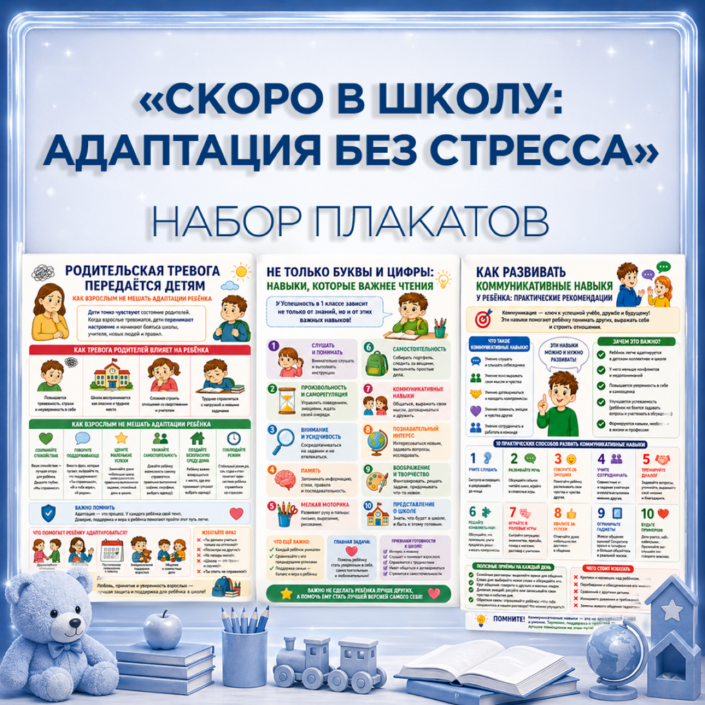 Набор из 11 плакатов о подготовке к школе и адаптации будущего первоклассника — для стенда педагога-психолога и родительского уголка
