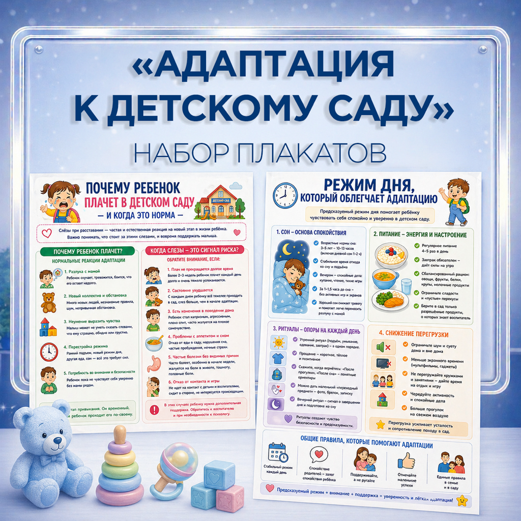 Обложка цифрового комплекта из 11 плакатов об адаптации ребёнка к детскому саду для стендов и родительских уголков