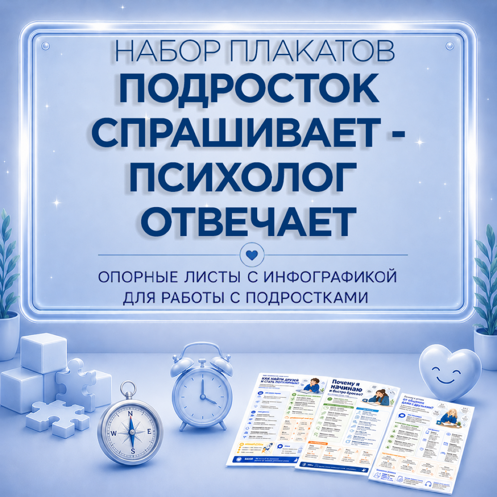 Комплект из 14 листов инфографики с вопросами подростков — для школьного стенда и кабинета педагога-психолога