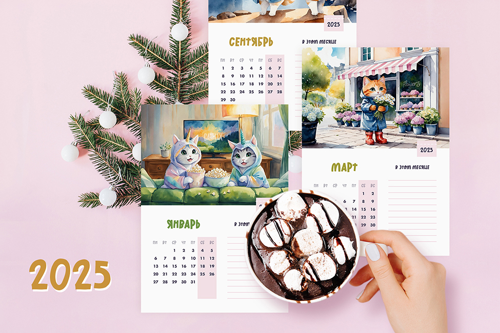Котики (цифровые странички для календаря на 2025 год А4 и А5)
