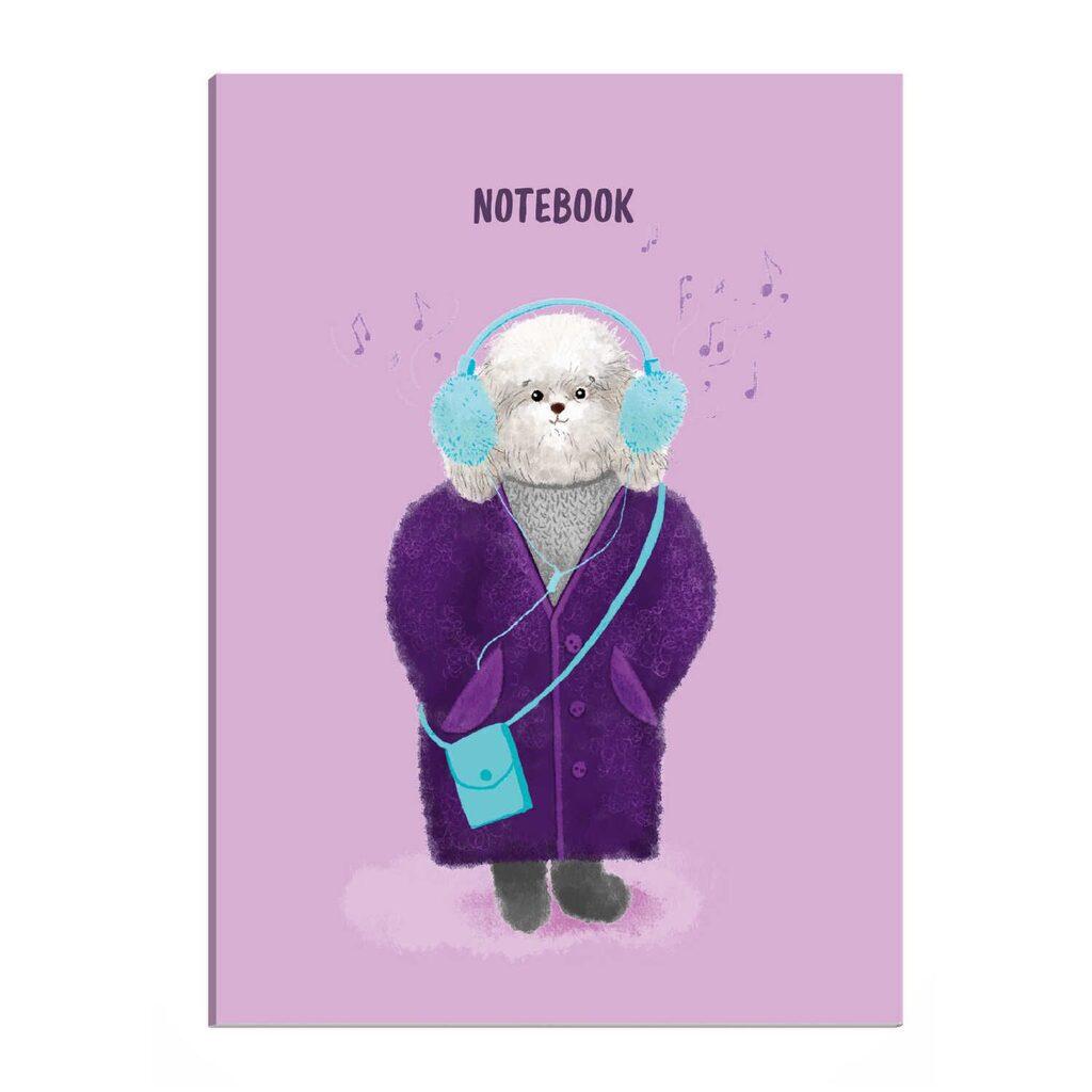 Записная книжка А6+ 96л., картон, клеевой кор. "Меломан в шубке" диз.блок, лам. софт-тач