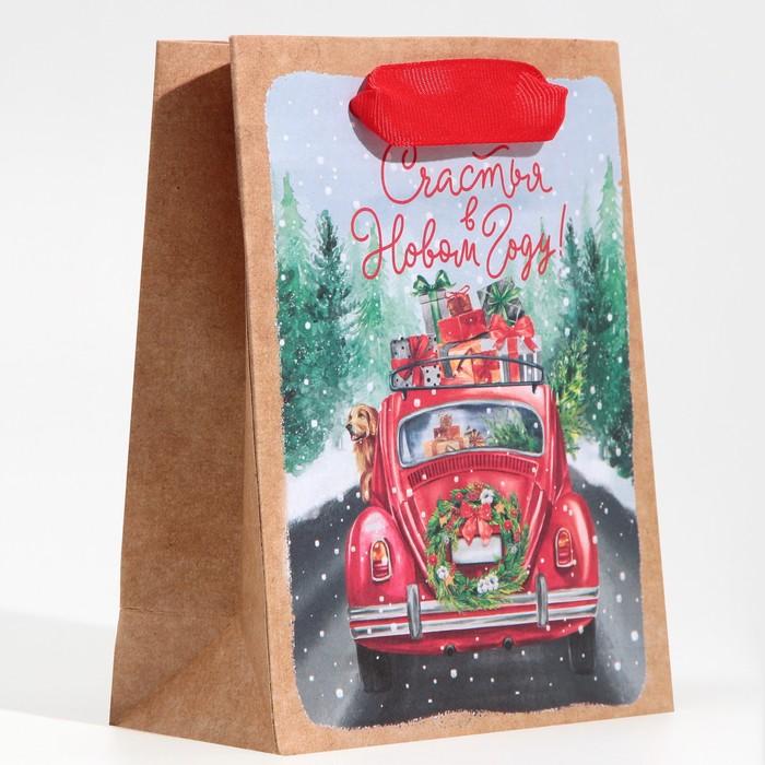 Пакет подарочный новогодний крафтовый вертикальный «Новогодний экспресс», S 12 х 15 х 5.5 см