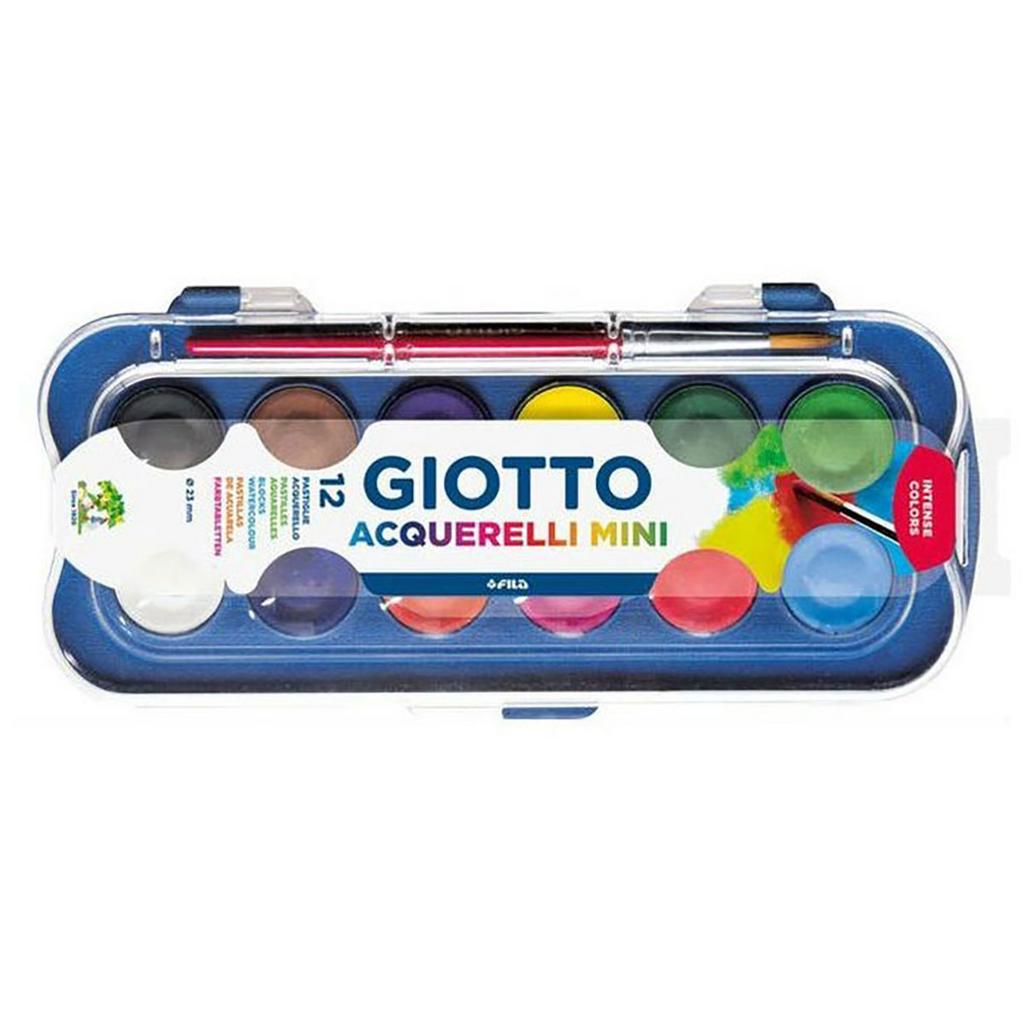 Краска акварель "Giotto" Набор сухой высокопигментированной акварели в таблетках мини формат d=23 мм, в кюветах 12 цв.