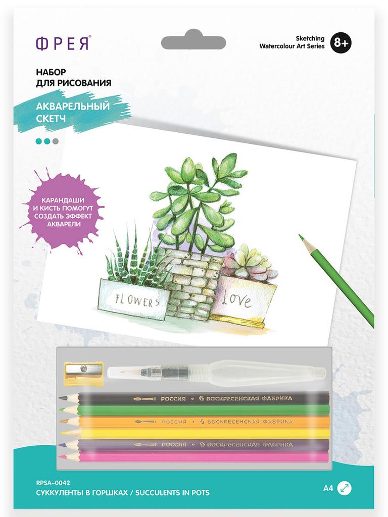 "Суккуленты в горшках" Скетч для раскраш. акварельными карандашами