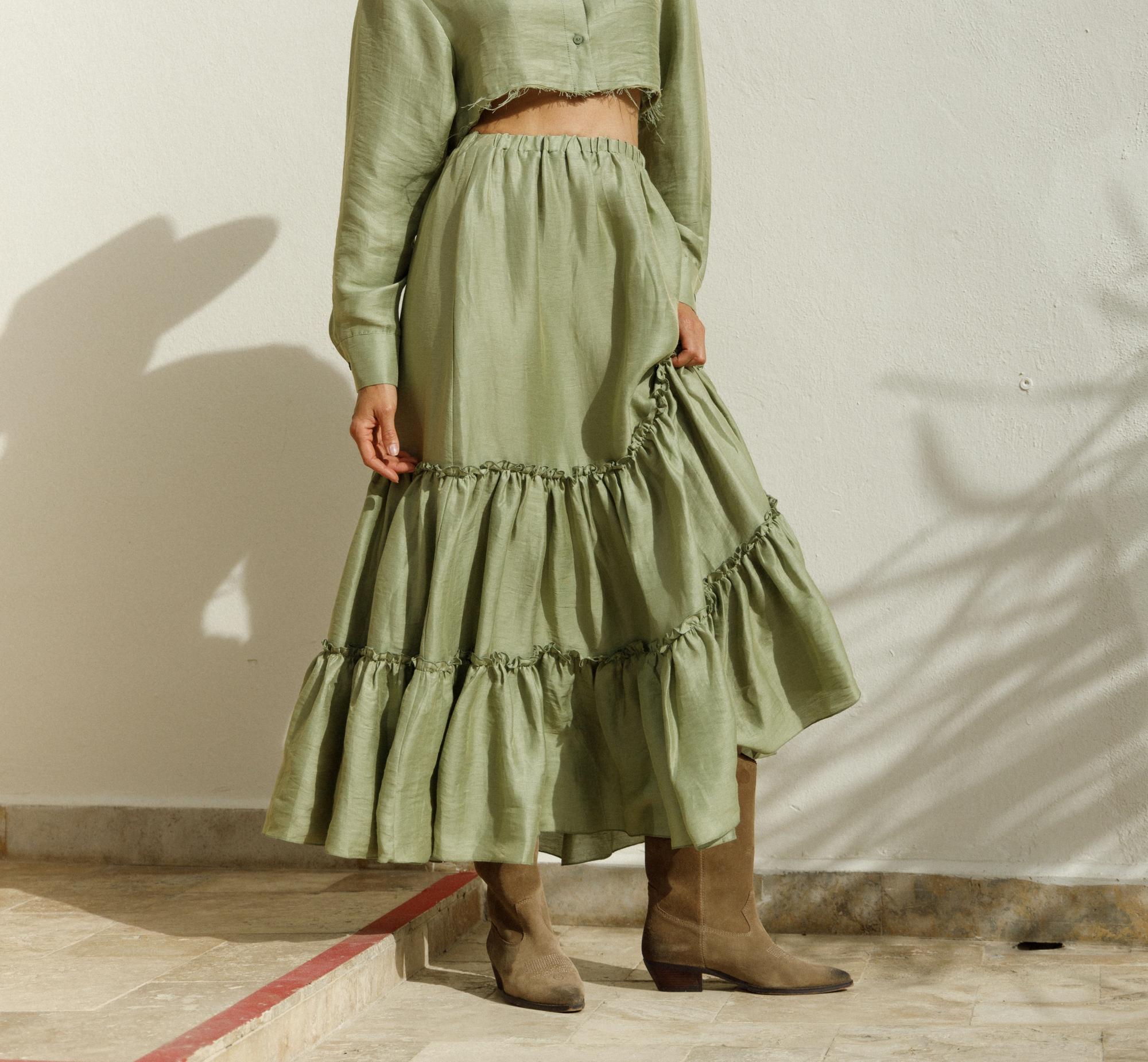 Юбка миди ярусная изо льна с шелком